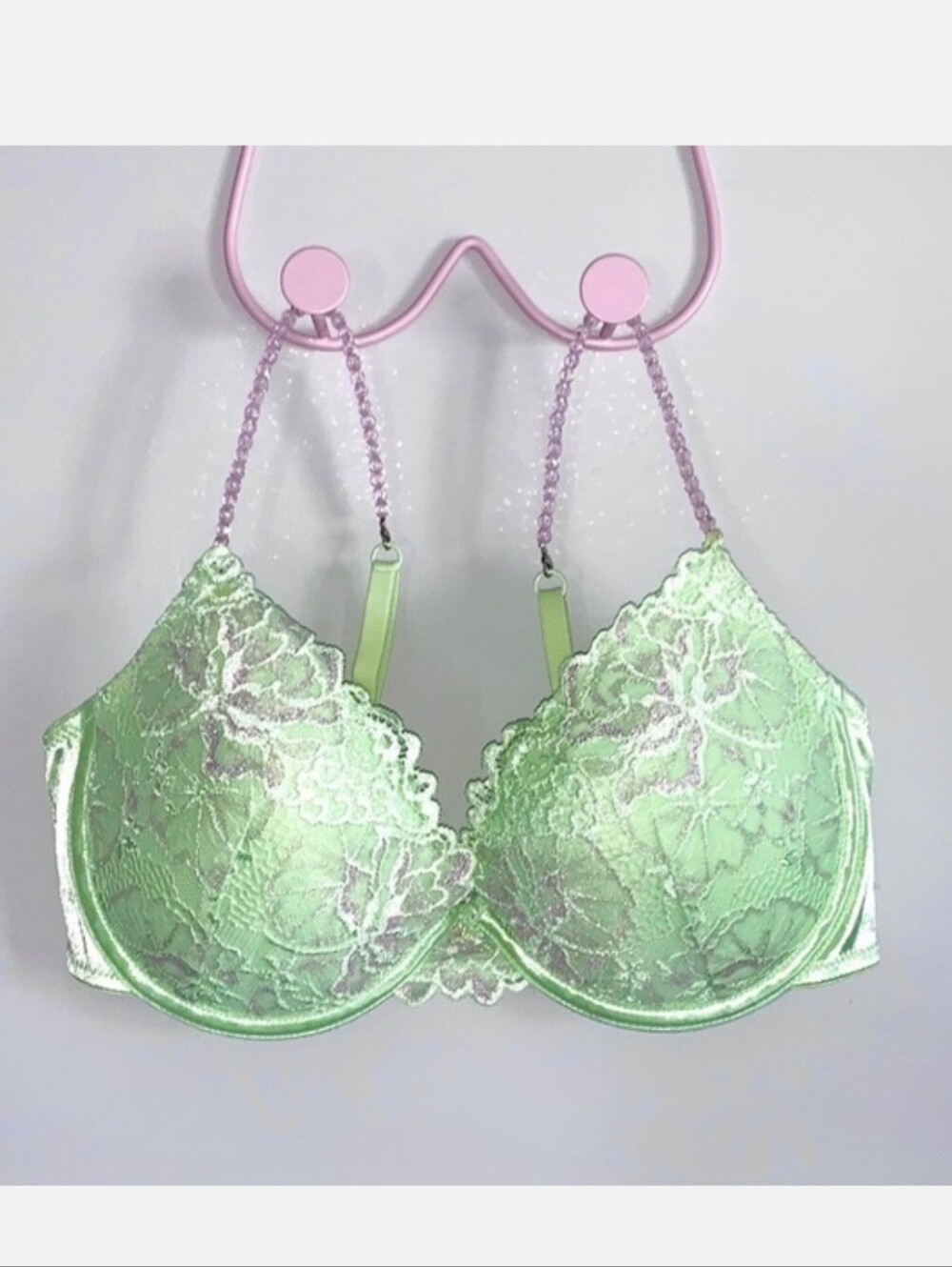 VTG Y2K delicates Light Green Lace Push-Up Bra with Pink Beaded Straps 36A EUC